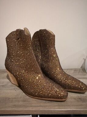 Betsey Johnson Brown Glitter Embellished Ankle Boots